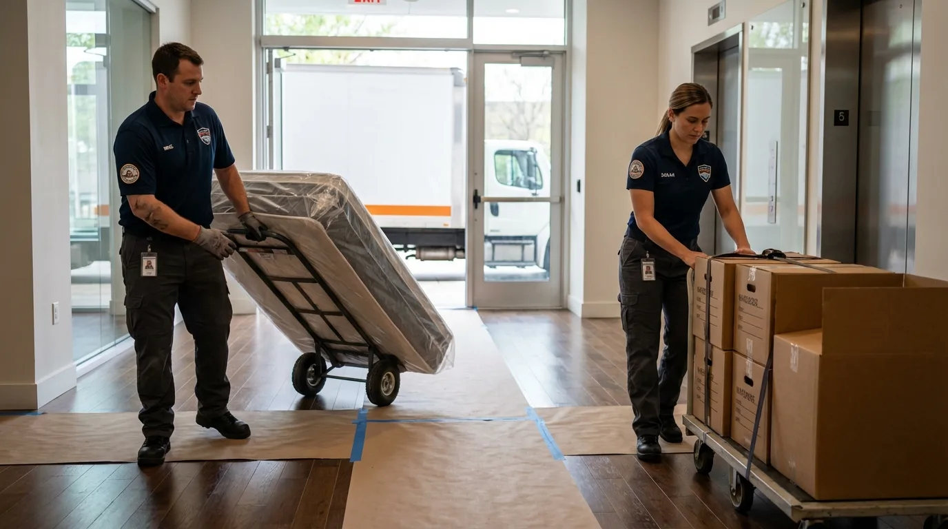 Professional apartment movers loading elevator in Auburn, CA
